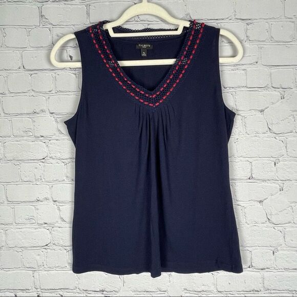 TALBOTS navy V-neck sleeveless top ribbon embellishment - size MP - Picture 1 of 10